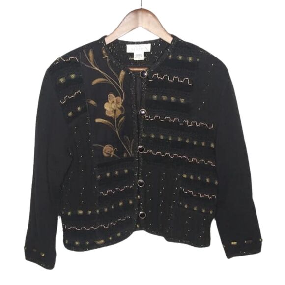 Sandy Starkman Black & Gold Floral Pattern Grandma Cardigan Sz Small - Picture 1 of 7